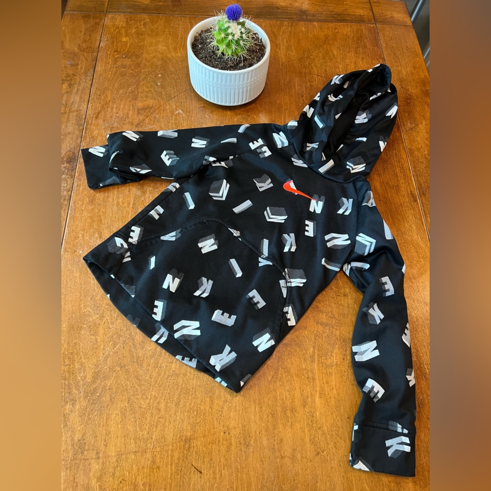 Nike Boys XS Black Gray Thermal Hoodie Red Swoosh Graphic